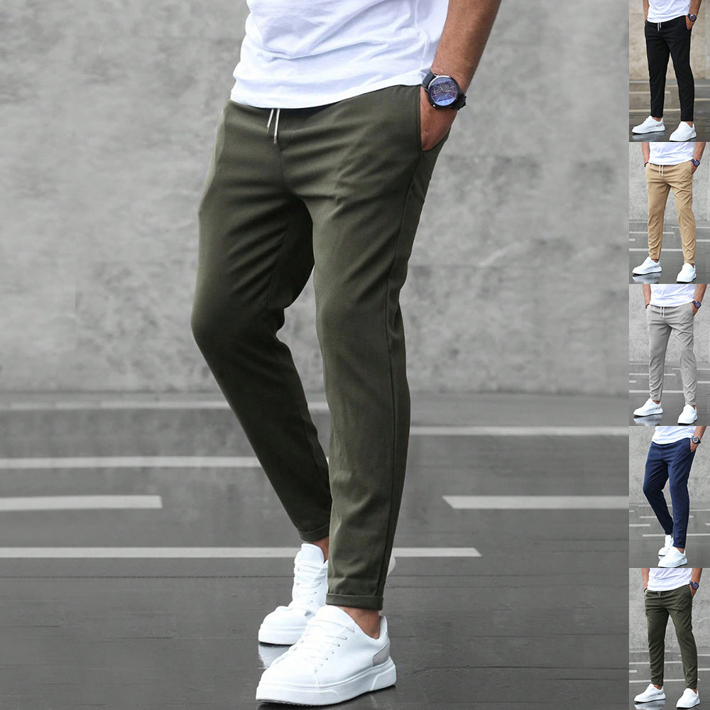Pantalones casuales ajustados para hombre con cordón y bolsillos