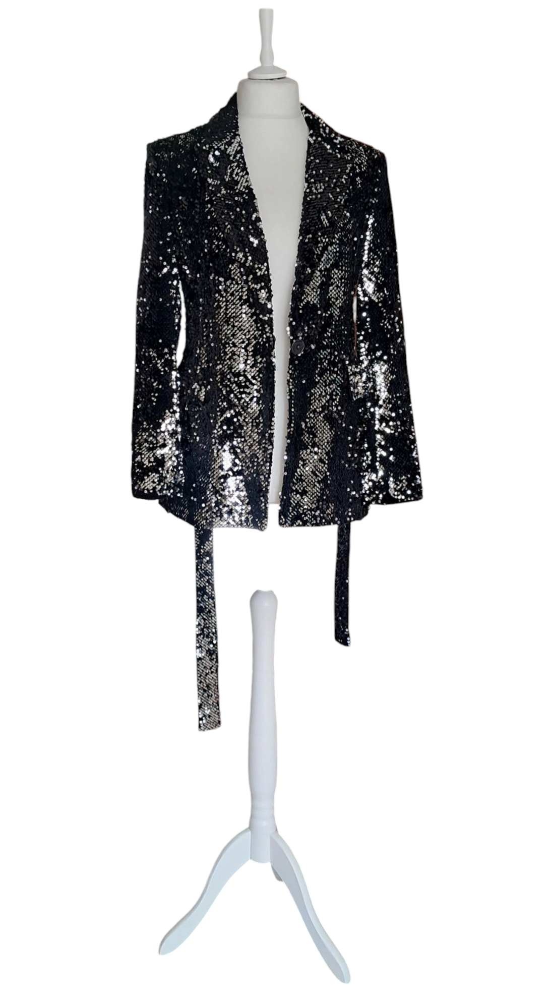 Women's Elegant Sequin Jacket Black with Lace-up Waist and Button Closure. Souvenir Clubbing