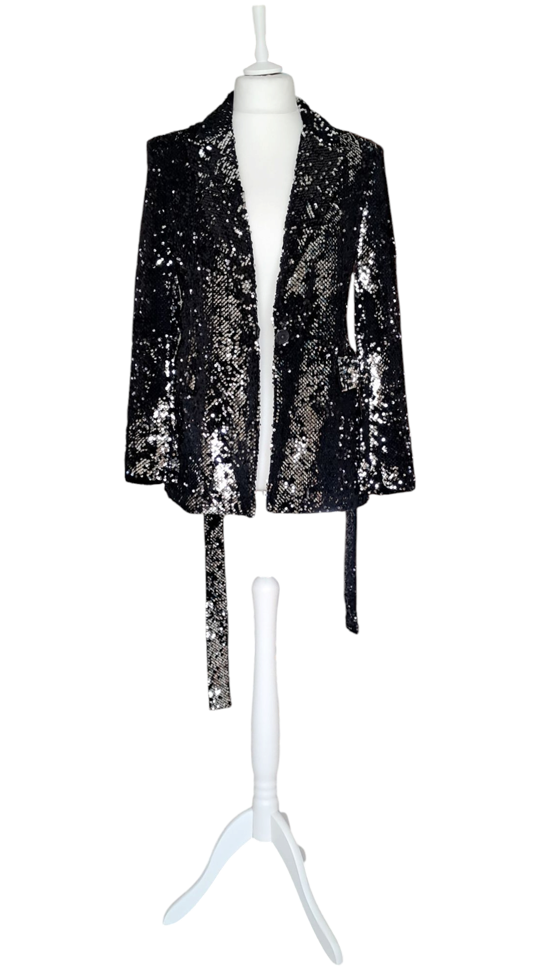Women's Elegant Sequin Jacket Black with Lace-up Waist and Button Closure. Souvenir Clubbing