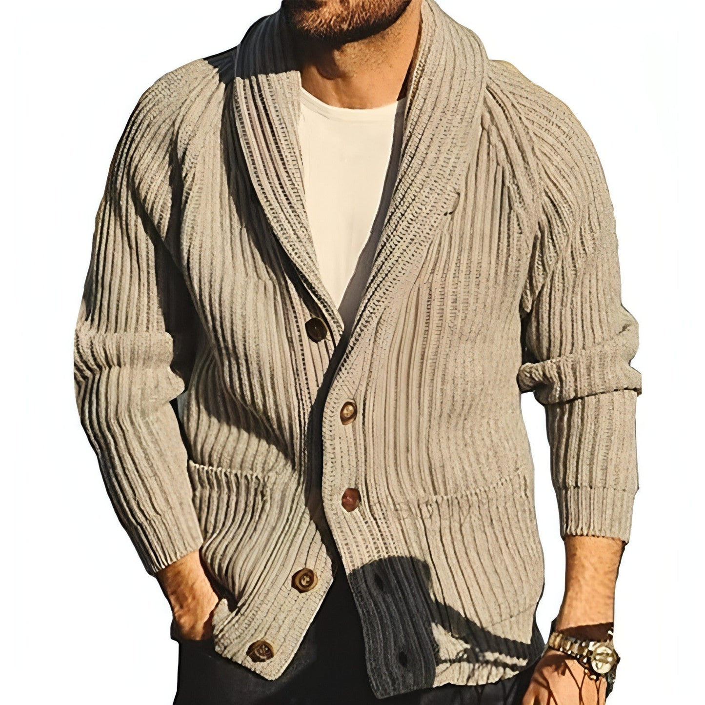 Cárdigan de punto con solapa para hombre, suéter de botones de moda con bolsillos
