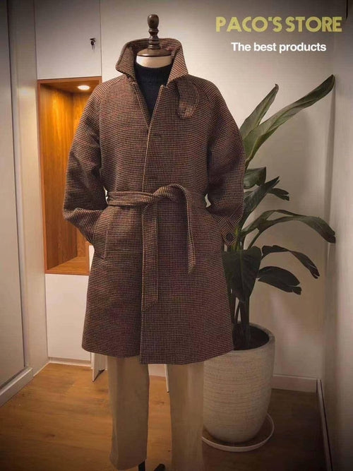 Vintage Gentleman Houndstooth Men's Clothing Woolen Trench Coat