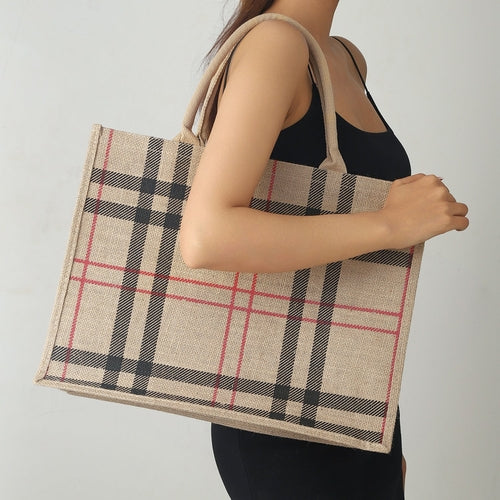 Check Pattern Jute Tote Bag