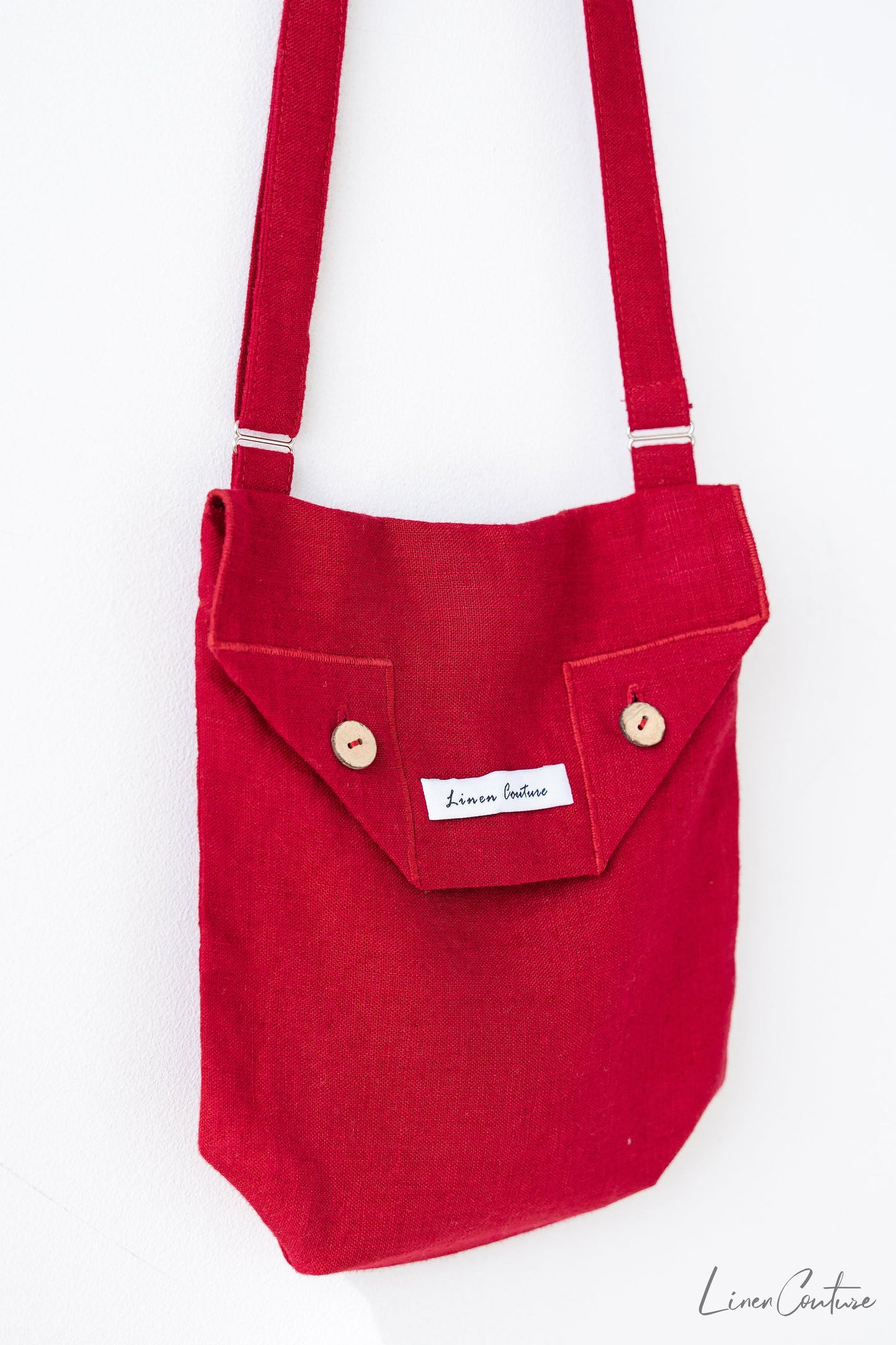 Cyclamen Red Linen Shoulder Bag with Coconut Buttons and Adjustable