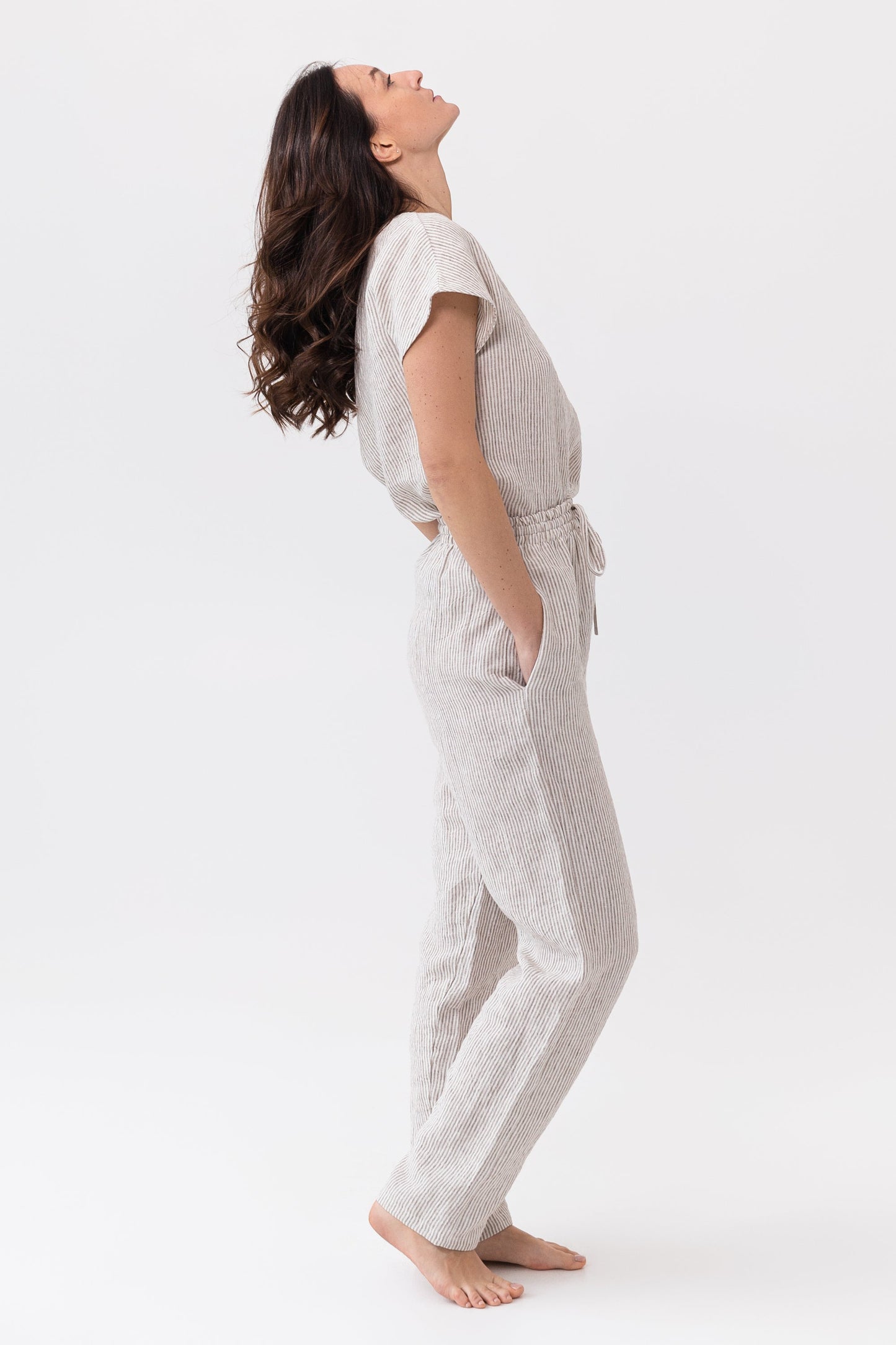 Lino beige a rayas / Conjunto de pijama de lino natural / Ropa de estar en casa de lino /