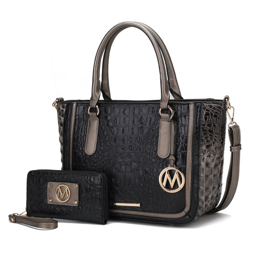 Bonnie Faux Crocodile Embossed Vegan Leather Women Satchel with Wallet