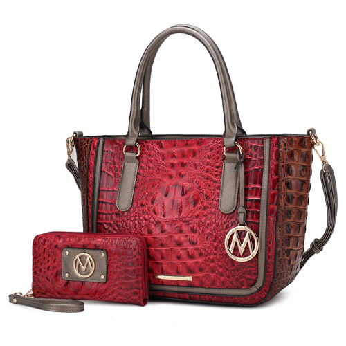 Bonnie Faux Crocodile Embossed Vegan Leather Women Satchel with Wallet