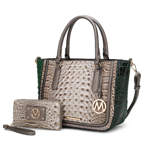 Bonnie Faux Crocodile Embossed Vegan Leather Women Satchel with Wallet