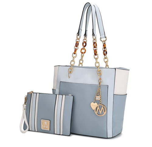 Rochelle Vegan Color Block Vegan Leather Women Tote Bag with Wristlet