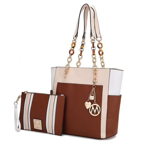 Rochelle Vegan Color Block Vegan Leather Women Tote Bag with Wristlet
