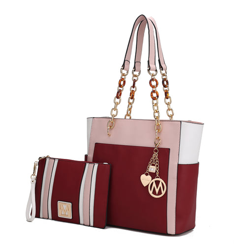 Rochelle Vegan Color Block Vegan Leather Women Tote Bag with Wristlet