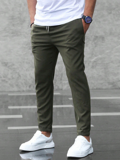 Pantalones casuales ajustados para hombre con cordón y bolsillos
