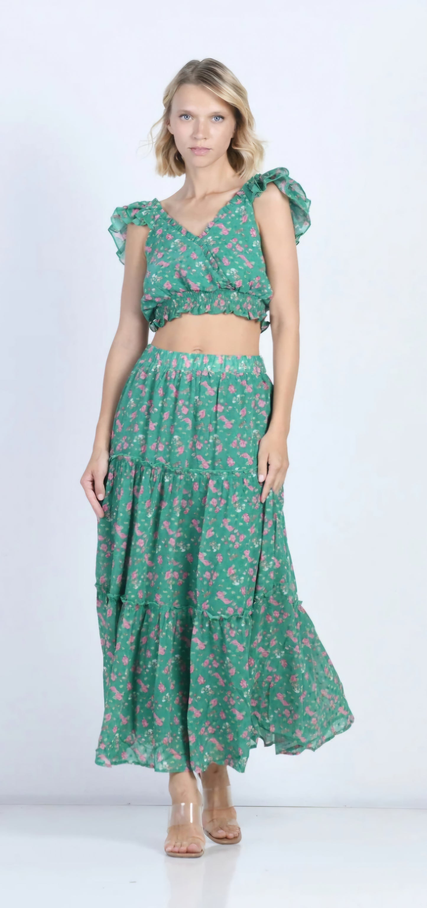 MonAmour Paris Gonna Donna Verde floreale con elastico in vita Tg. L