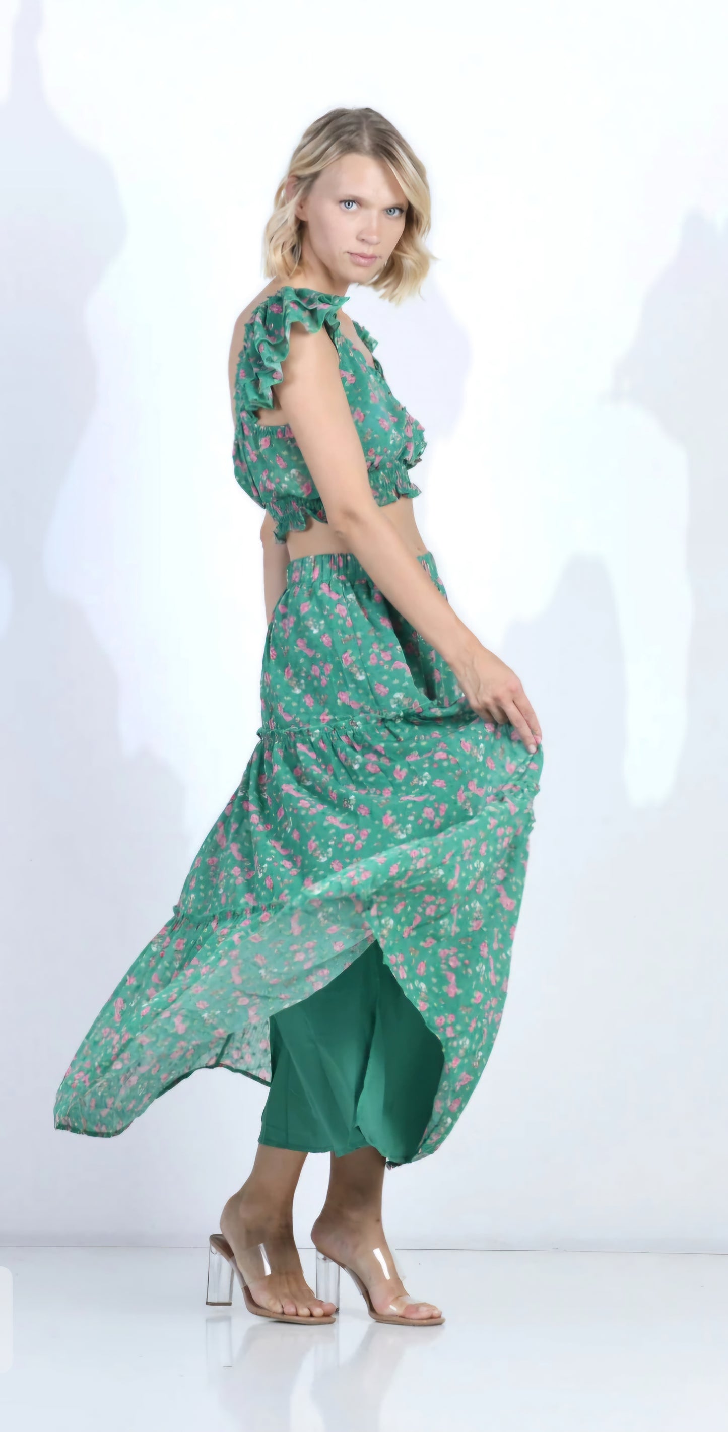 MonAmour Paris Gonna Donna Verde floreale con elastico in vita Tg. L