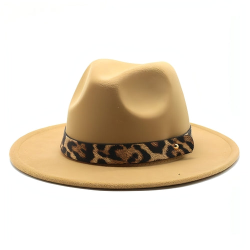 Sombrero de copa de lana con ala ancha y estampado de leopardo para hombre