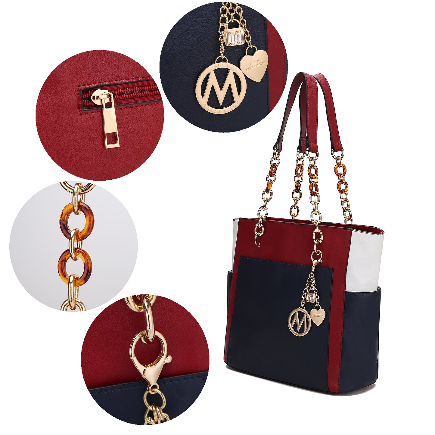 Rochelle Vegan Color Block Vegan Leather Women Tote Bag with Wristlet