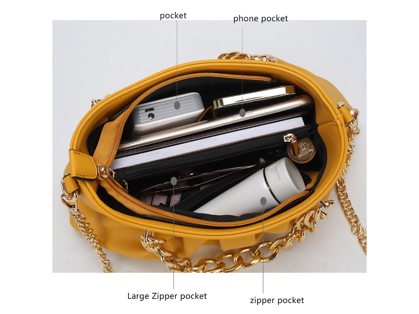 Marvila Minimalist Vegan Leather Chain Ruched Shoulder Bag