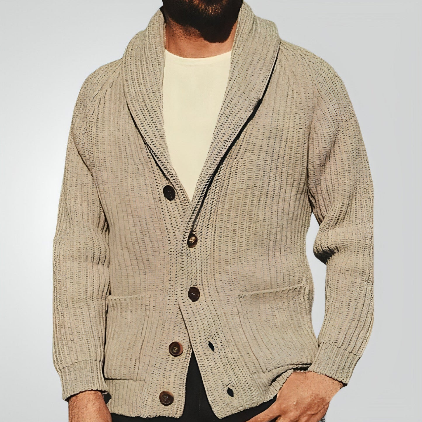 Cárdigan de punto con solapa para hombre, suéter de botones de moda con bolsillos
