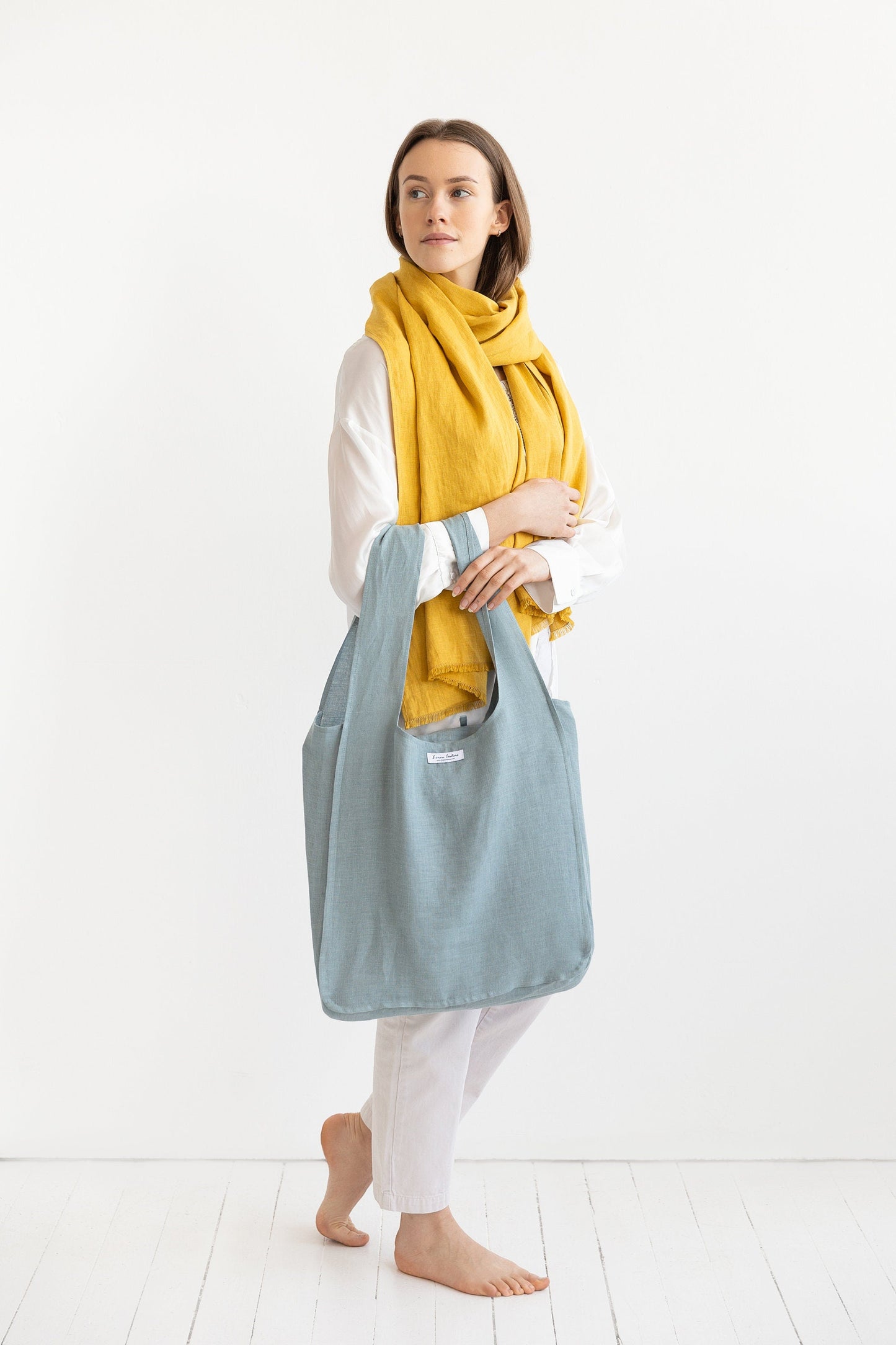 Greyish Mint linen tote bag with inside pocket