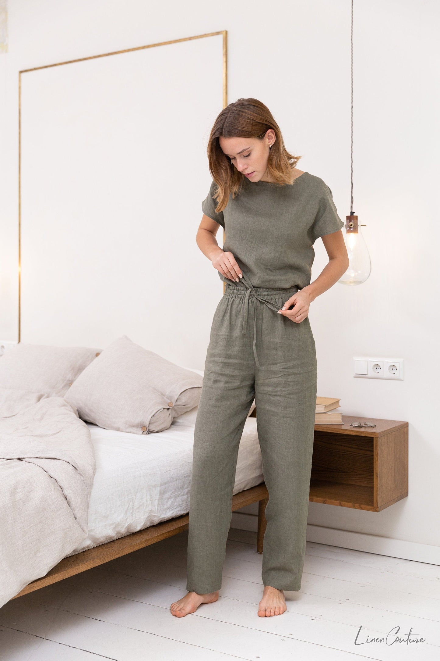 Lino verde safari / Conjunto de pijama de lino natural / Ropa de estar en casa de lino /