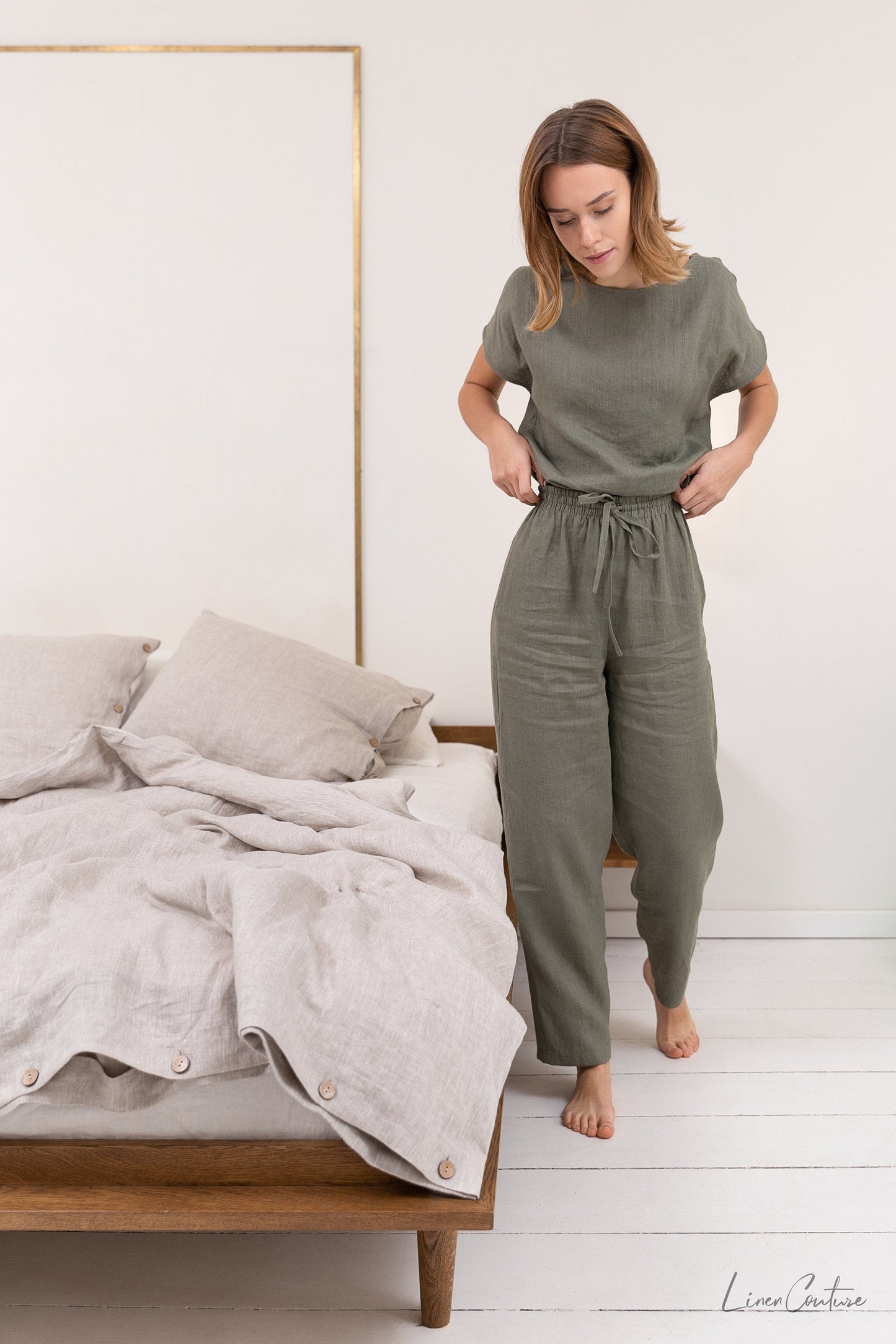 Lino verde safari / Conjunto de pijama de lino natural / Ropa de estar en casa de lino /
