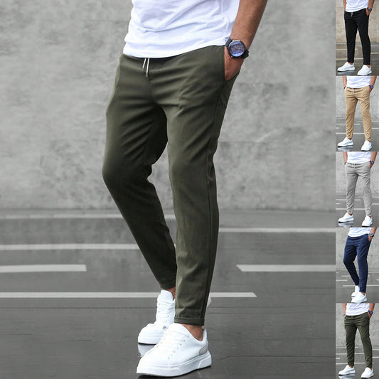 Pantalones casuales ajustados para hombre con cordón y bolsillos