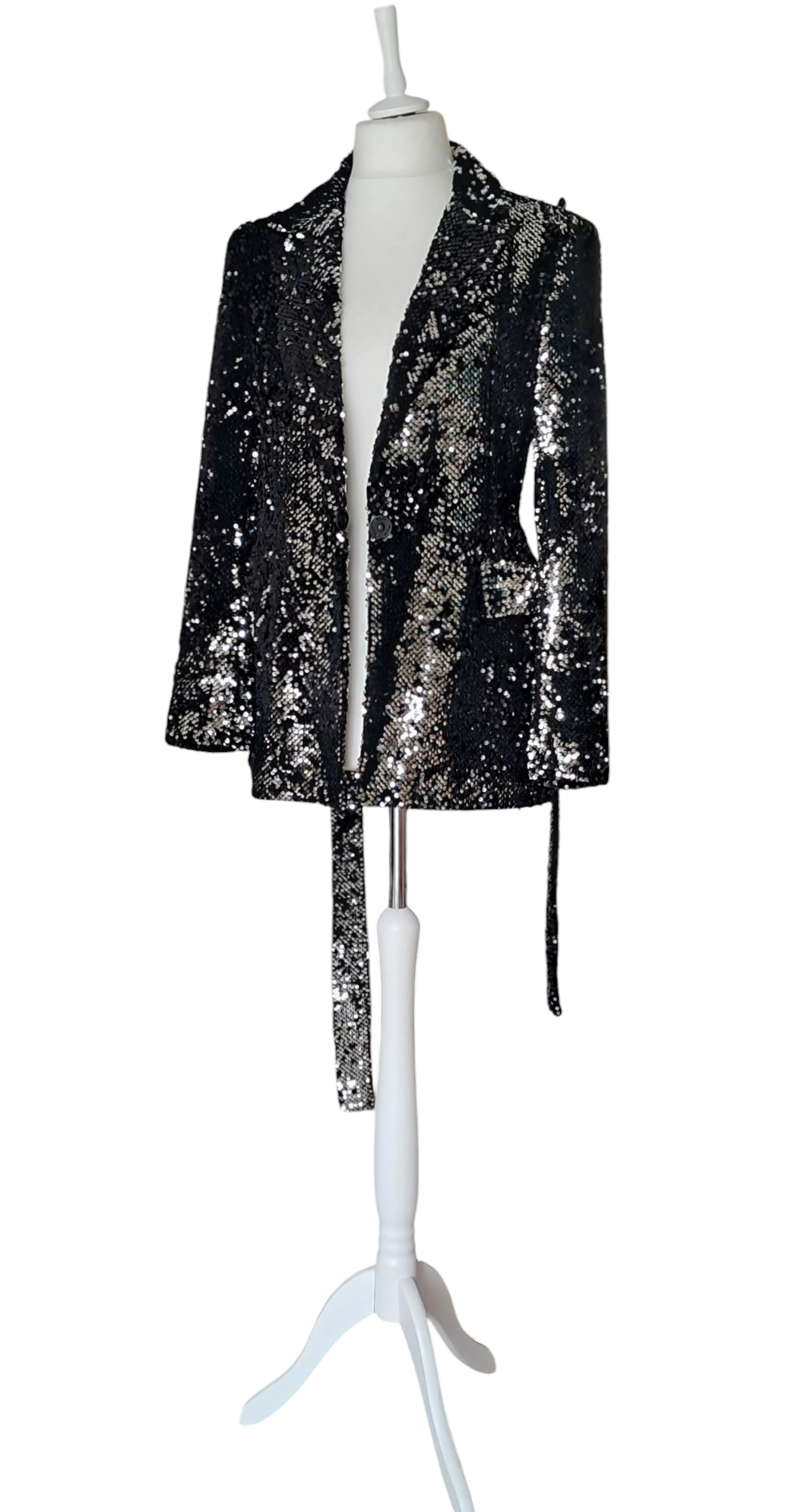 Women's Elegant Sequin Jacket Black with Lace-up Waist and Button Closure. Souvenir Clubbing