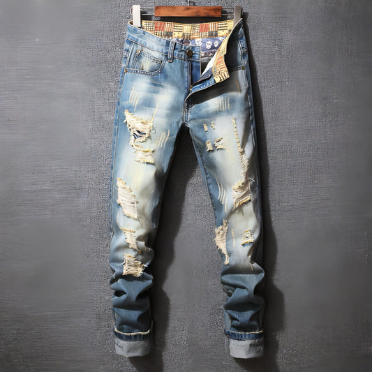 Vaqueros rotos estilo Hong Kong estilo americano casual holgado para hombre