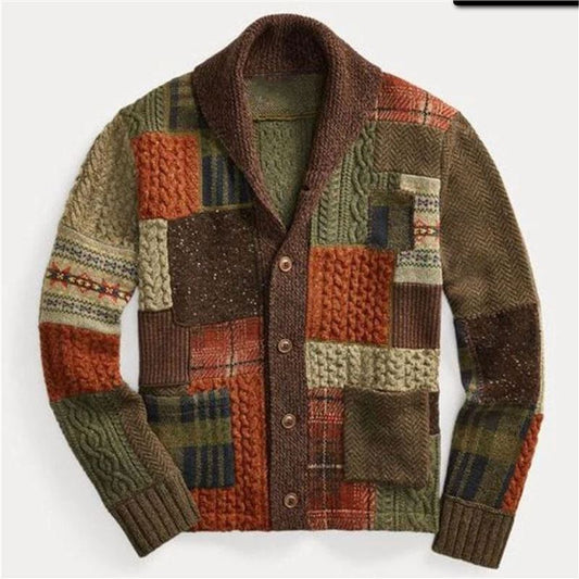 Cárdigan con bloques de color y patchwork para hombre: abrigo estilo suéter retro informal