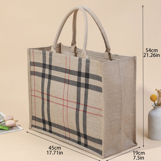 Check Pattern Jute Tote Bag