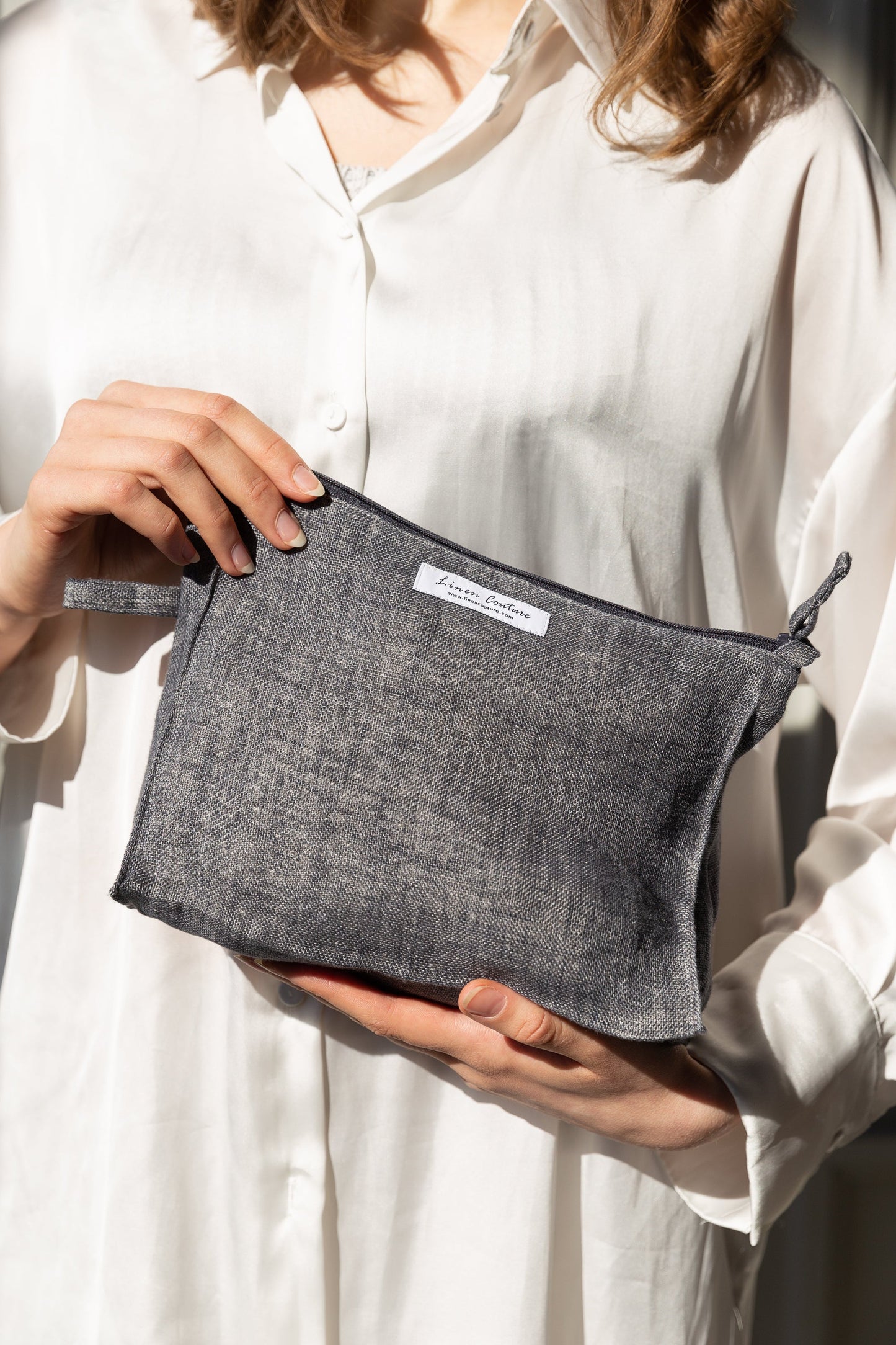 White linen large makeup bag with zipper