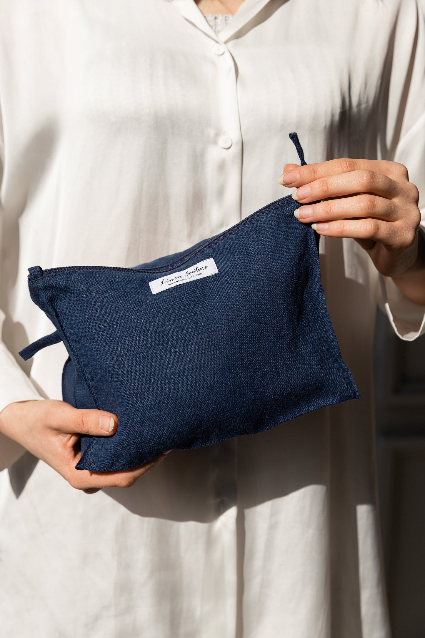 Asphalt grey linen large makeup bag with zipper