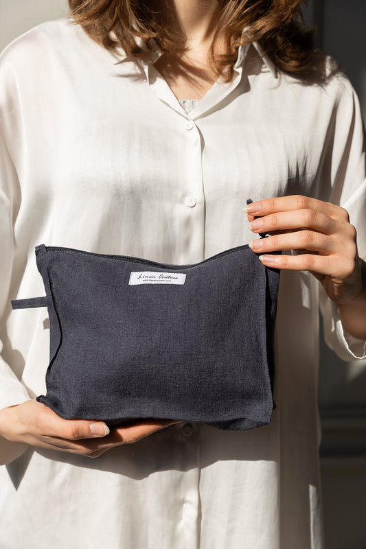 Asphalt grey linen large makeup bag with zipper