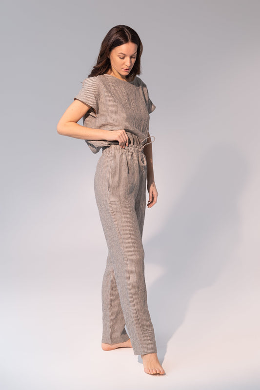 Conjunto de pijama de lino gris oscuro a rayas / lino natural / ropa de estar por casa de lino