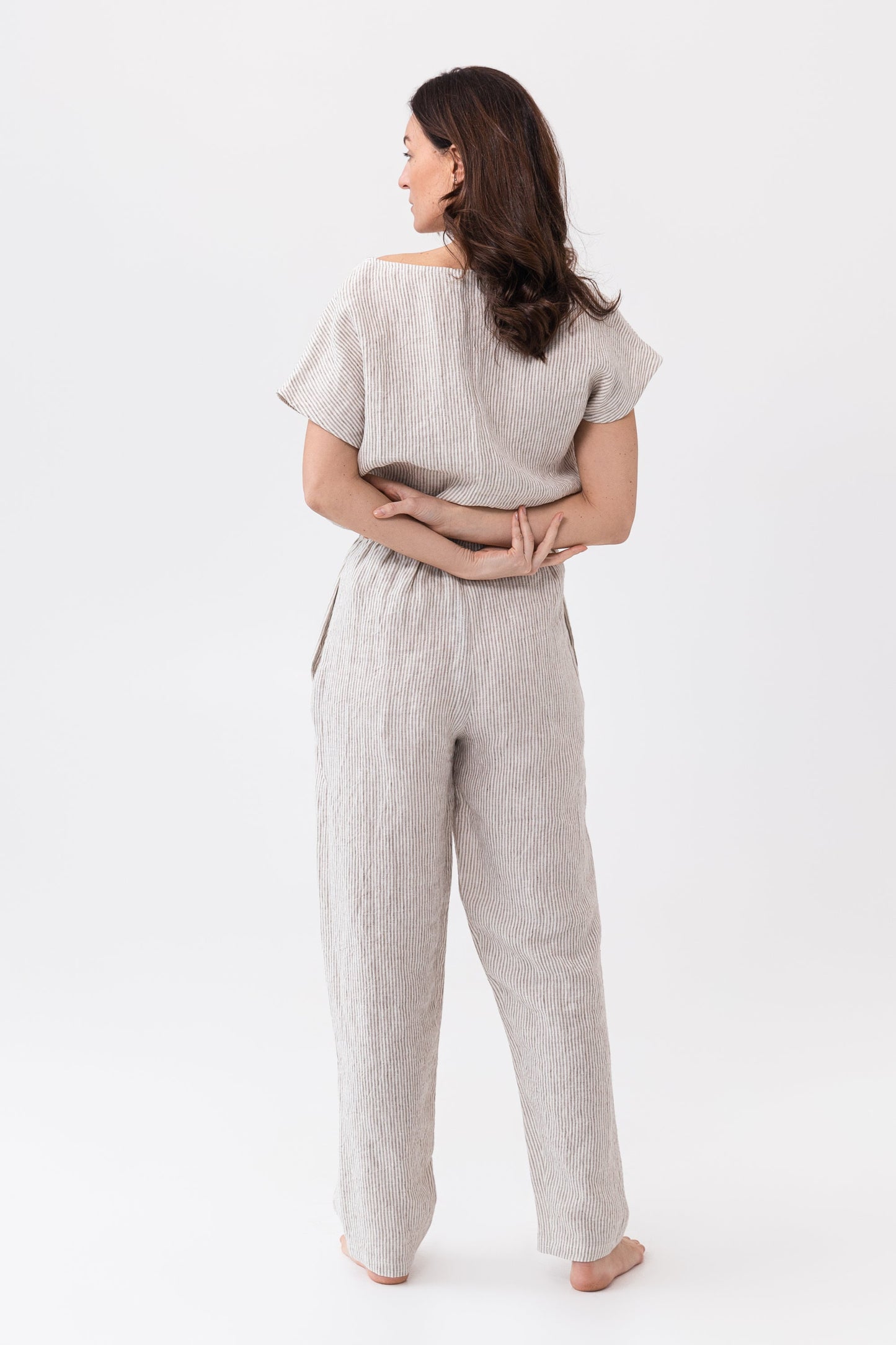 Lino beige a rayas / Conjunto de pijama de lino natural / Ropa de estar en casa de lino /