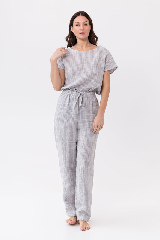 Conjunto de pijama de lino con rayas grises nubladas / Conjunto de pijama de lino natural / Ropa de estar en casa de lino