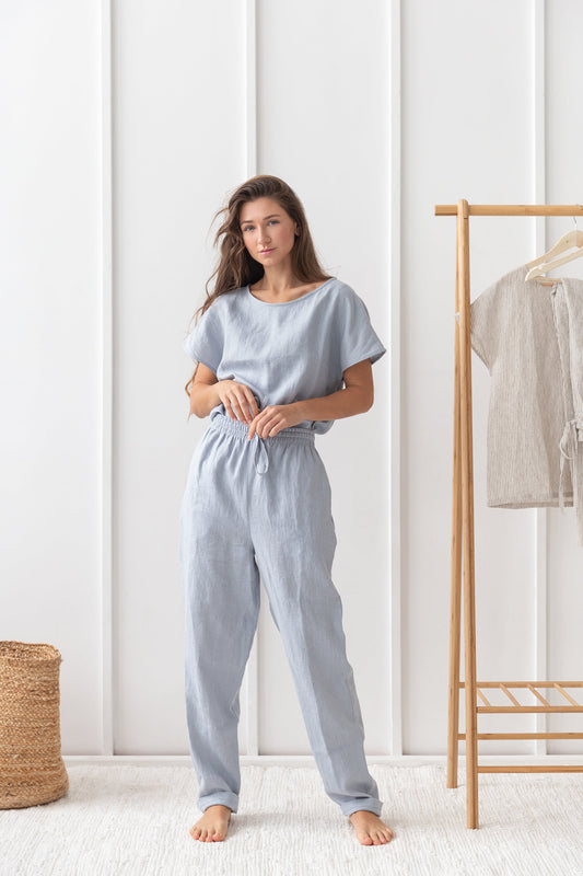 Lino azul hielo / Conjunto de pijama de lino natural / Ropa de estar de lino / Lino