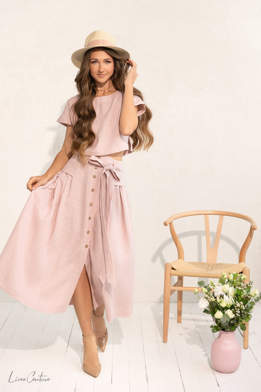 Conjunto de top corto y falda midi de lino rosa pálido Taormina