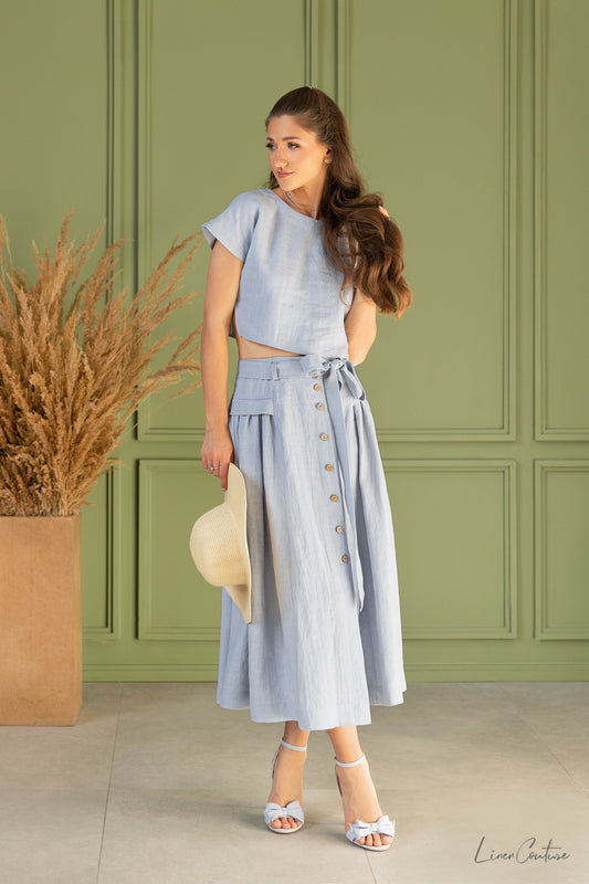 Conjunto de top corto y falda midi de lino azul hielo Taormina