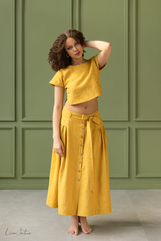 Conjunto Taormina | Top corto de lino y falda midi acampanada