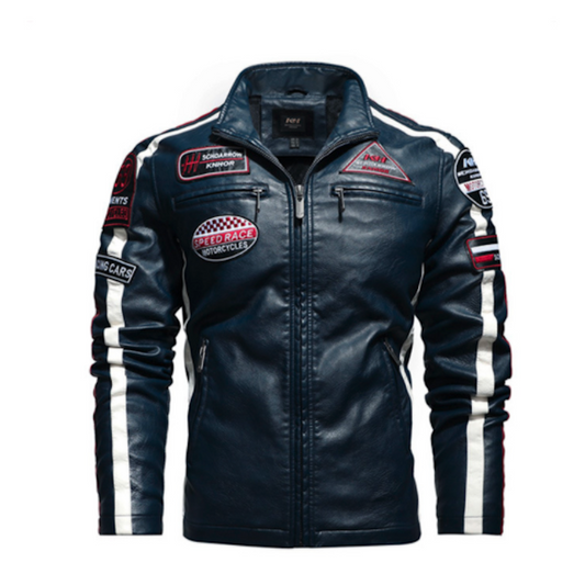Chaqueta de motociclista de cuero vegano con insignias para hombre