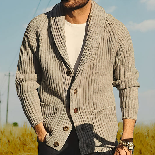Cárdigan de punto con solapa para hombre, suéter de botones de moda con bolsillos