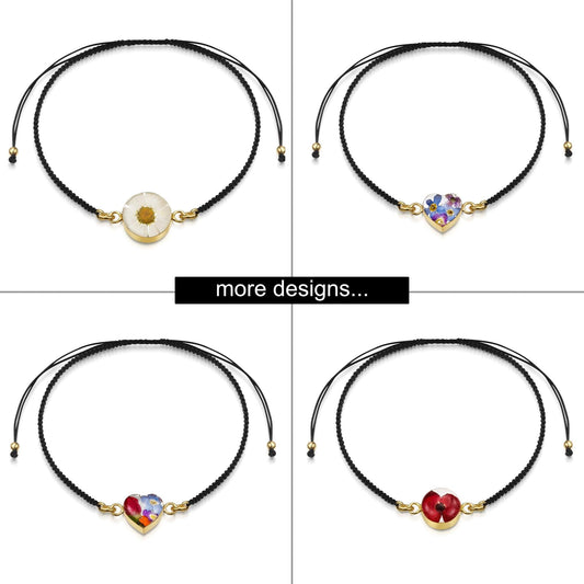 Flower bracelet | Black woven bracelet with gold-plated flower charm