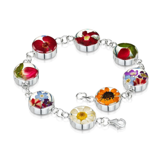 Sterling silver round link bracelet handmade with real flowers by