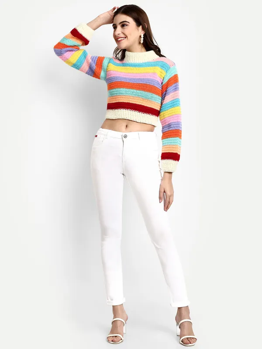 Suéter de lana a rayas multicolor para mujer (talla L) (color: MULTICOLOR)