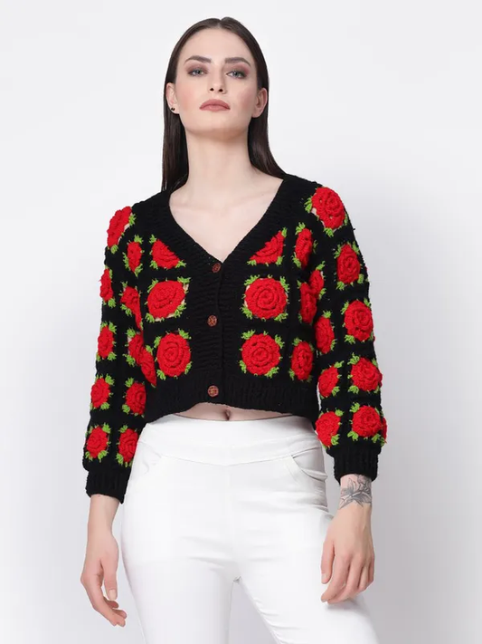 Diseño propio, escote en V, mangas largas, dobladillo acanalado (talla M) (color NEGRO)