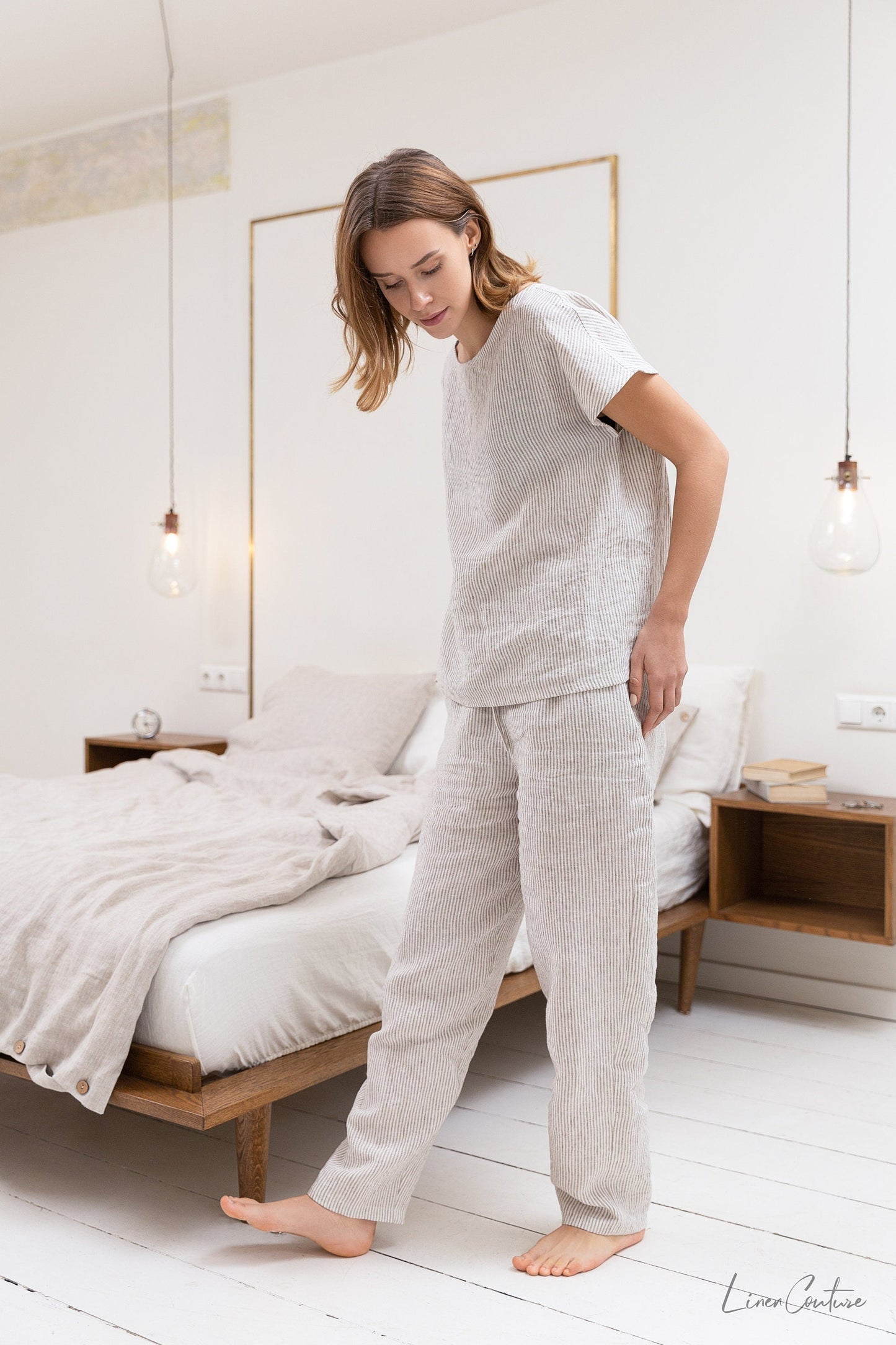 Lino beige a rayas / Conjunto de pijama de lino natural / Ropa de estar en casa de lino /